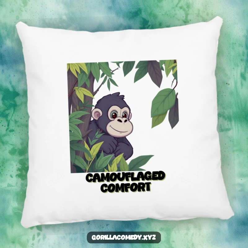 Funny Gorilla Peek Pillow: Soft pillow with a cartoon gorilla peeking from jungle foliage, full of playful intrigue. Excellent funny gift.