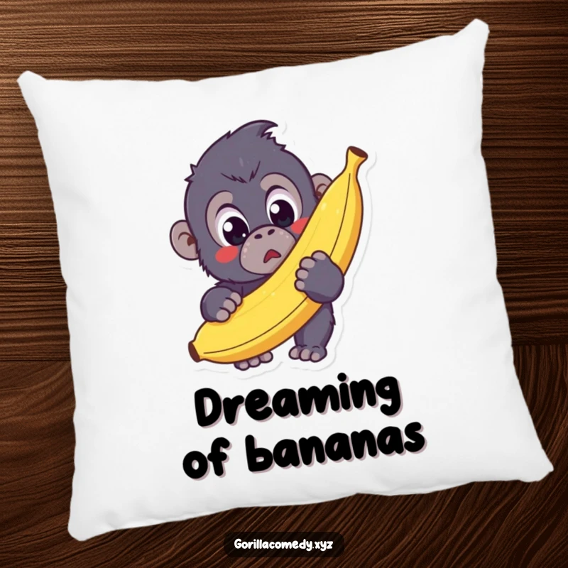 Funny Kawaii Gorilla Pillow featuring a surprised gorilla with wide eyes holding a giant banana, bringing humorous comfort.