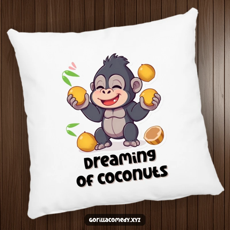 A giggling funny kawaii gorilla is skillfully juggling coconuts, making this pillow a cozy and humorous tropical addition.