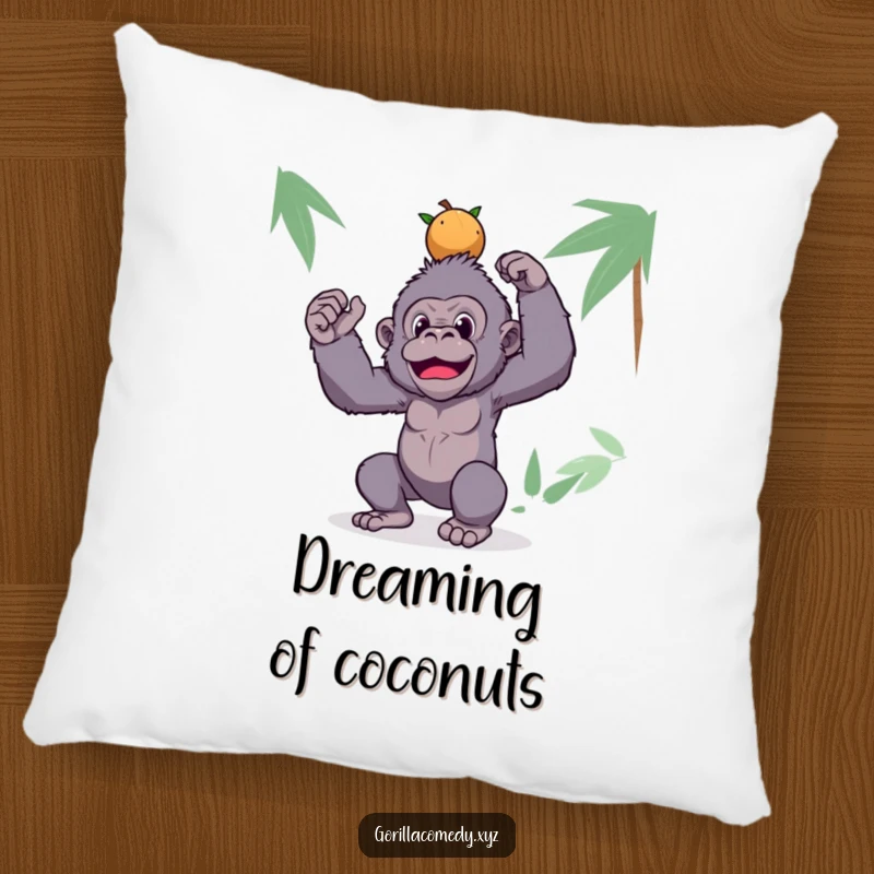 Funny gorilla pillow with a silly ape balancing coconuts, adding a touch of tropical comfort and humor.