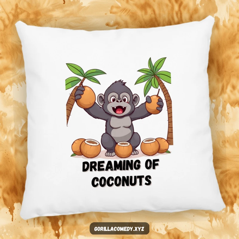 Funny Kawaii gorilla attempting to juggle coconuts on a soft, decorative accent pillow for humorous comfort.