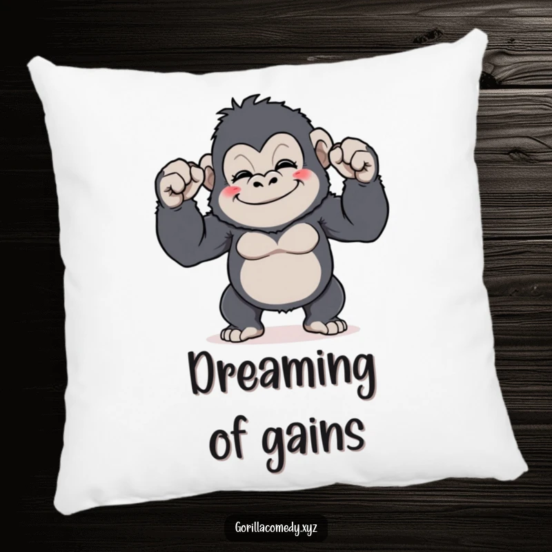 Funny Gorilla Flex Pillow: A plush pillow featuring a cute gorilla character grinning and comically flexing its tiny biceps, perfect funny gift.