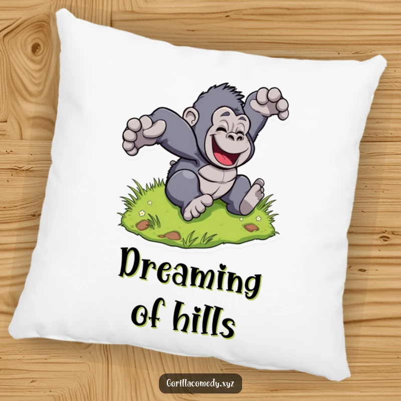 Funny Gorilla Tumble Pillow: Soft pillow with a stylized gorilla tumbling down a grassy hill, radiating pure joy. Excellent funny gift.