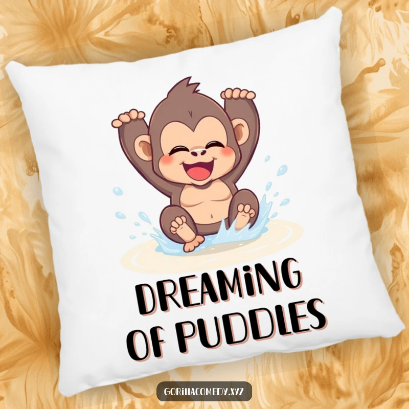 A soft funny kawaii gorilla is gleefully splashing in a puddle, making this pillow a cozy and humorous addition to any space.