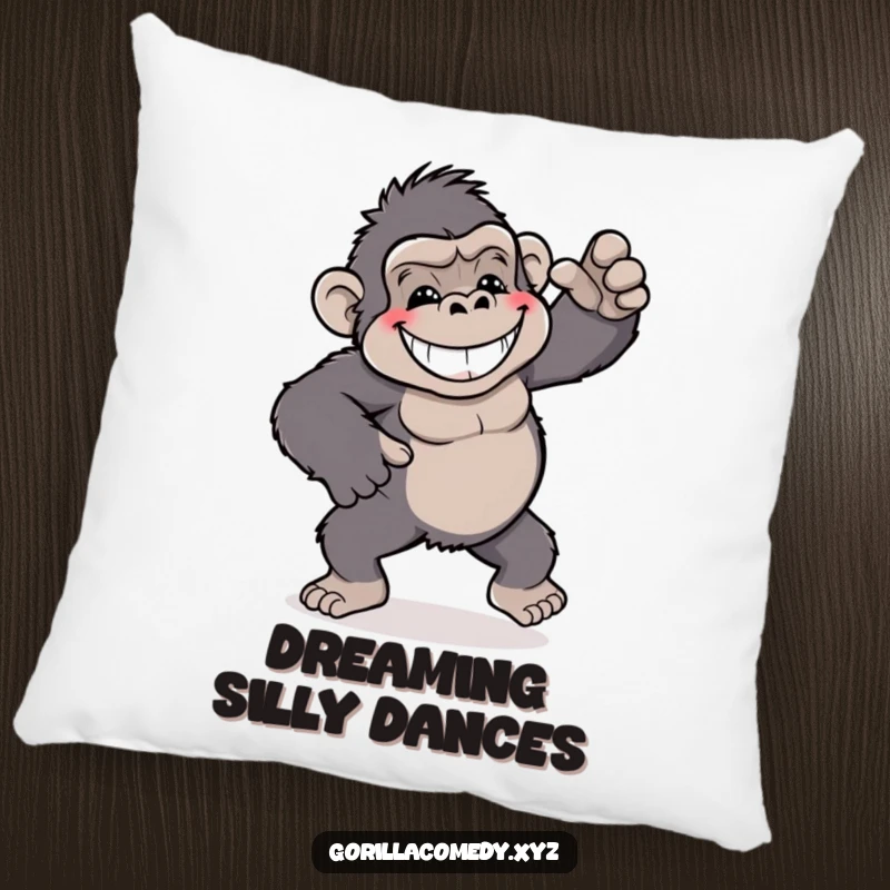 Funny gorilla pillow, depicting a grinning gorilla doing a playful and silly dance, for comfort.
