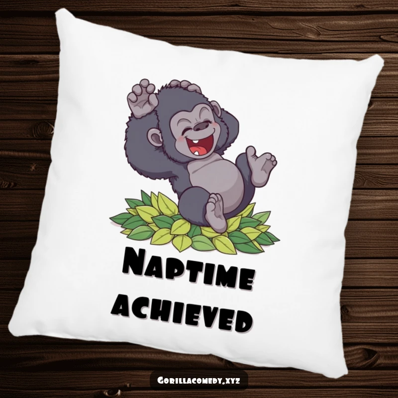 Funny clumsy gorilla pillow tumbling with delight into soft leaves, offering comfort and a dose of playful joy, a great funny gift.