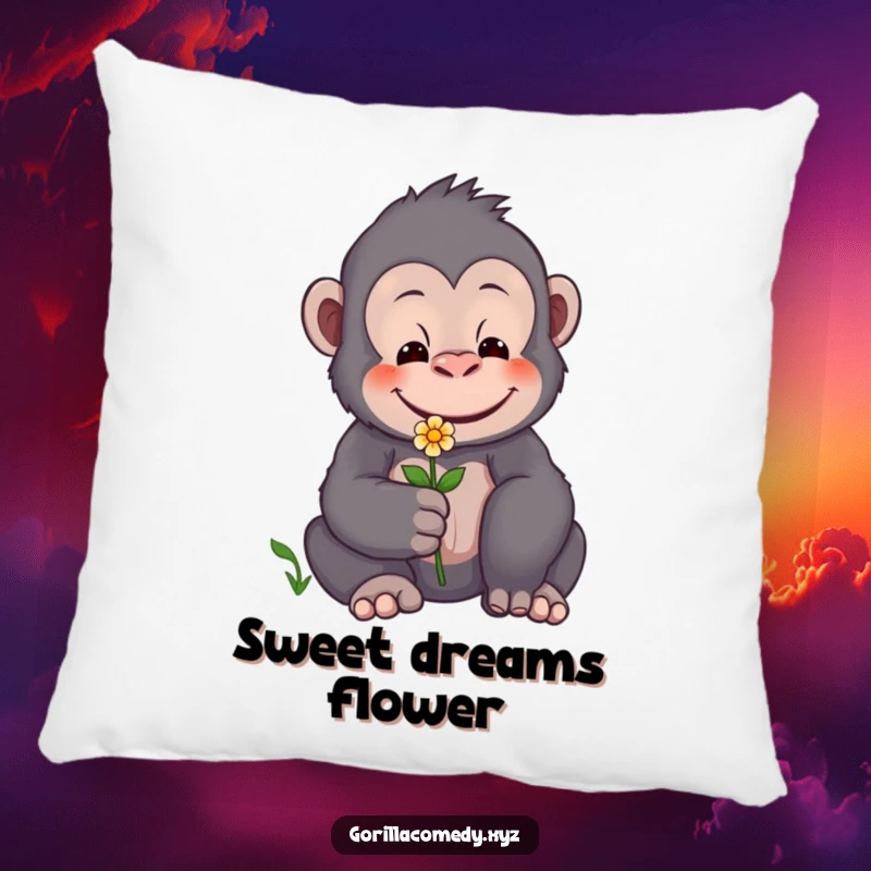 Funny decorative pillow featuring a smiling gorilla offering a small flower, adding a touch of warmth and care.