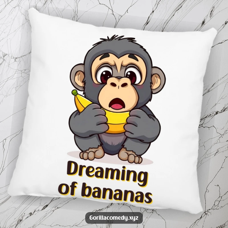 Funny Gorilla Banana Discovery Pillow: A plush pillow featuring a surprised gorilla character with wide eyes upon finding a banana, perfect funny gift.