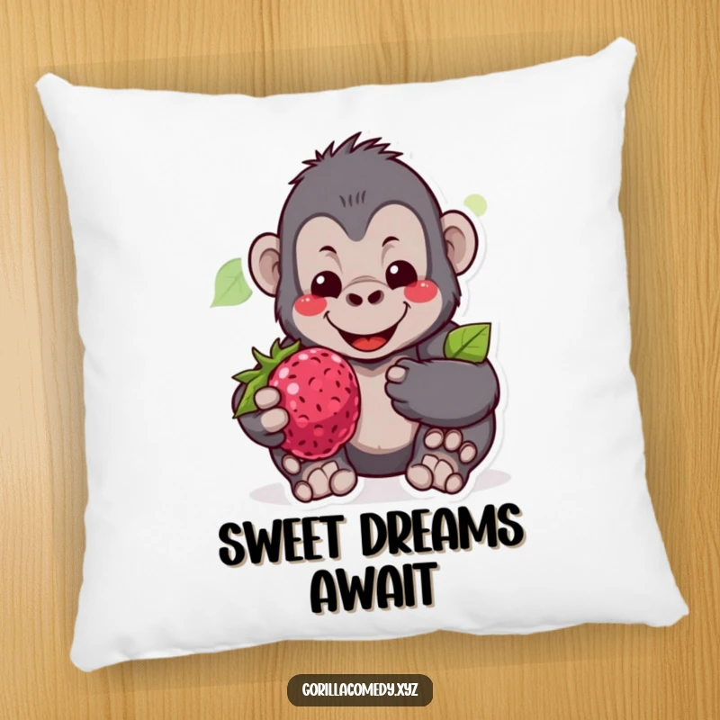 Funny pillow featuring a gentle gorilla character smiling warmly while offering a juicy berry, embodying sweet comfort.