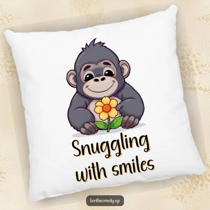 A cute funny kawaii gorilla with a contented smile offers a flower, making this pillow a cozy and heartwarming addition.