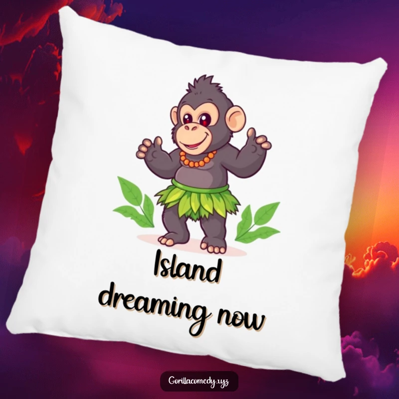 Funny gorilla pillow, cute character wearing a grass skirt doing a playful hula dance, soft and decorative.