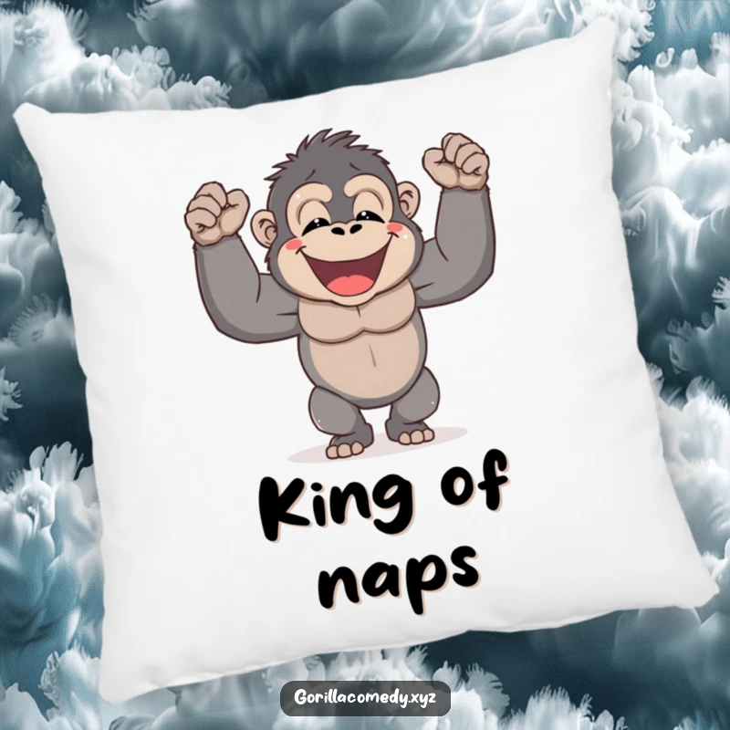 Funny Gorilla Pillow featuring a smiling gorilla character joyfully pounding its chest, bringing humorous comfort and strength.