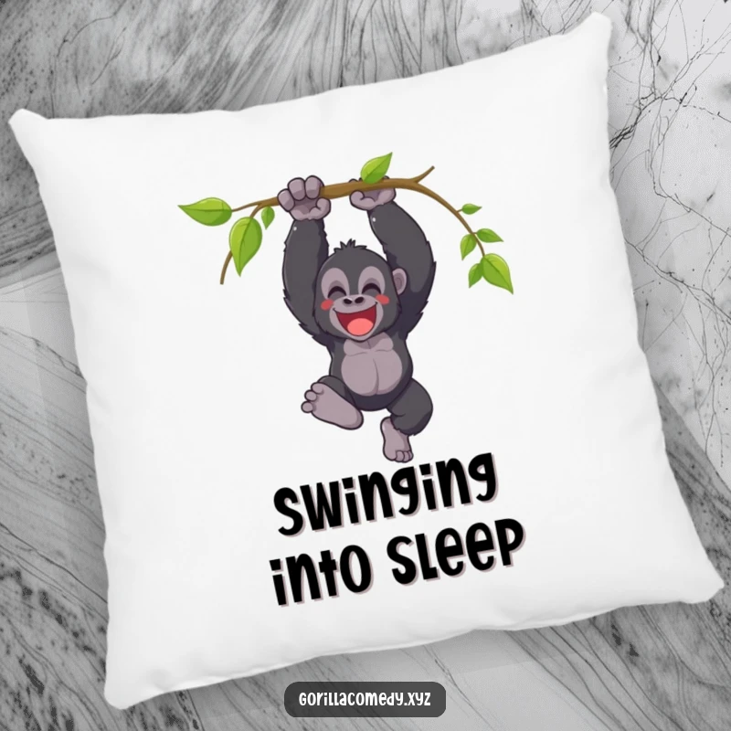 Funny pillow featuring a joyful gorilla swinging from a vine with a triumphant yell, offering plush comfort and jungle celebration.