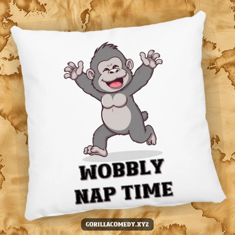Funny pillow featuring a playful gorilla character doing a wobbly walk with arms outstretched, embodying humorous comfort.