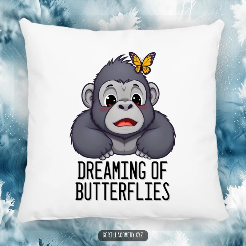 Funny Kawaii gorilla pillow, showcasing a surprised ape character with a butterfly perched on its nose, perfect for cozy, humorous comfort.