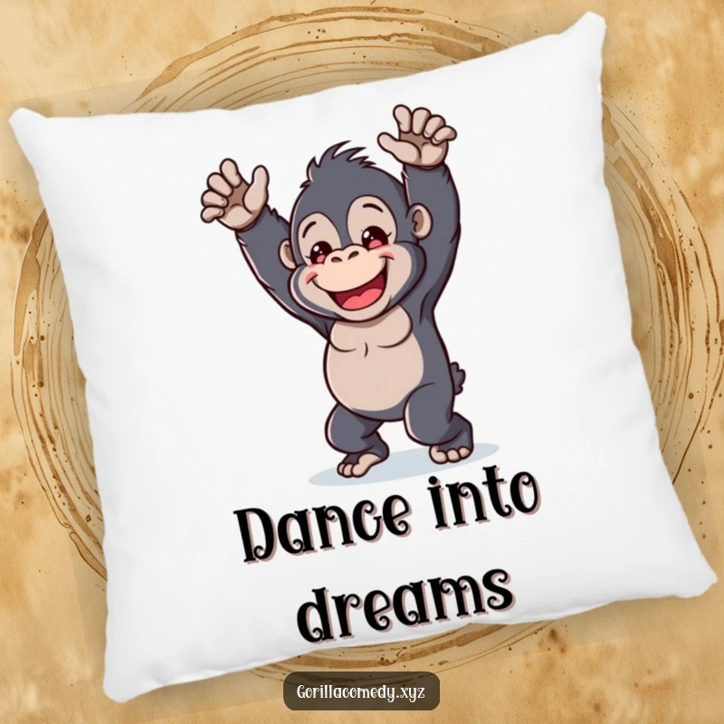 Funny kawaii gorilla pillow, cheerful character, playful dance, soft and cozy cushion, cute home decor.