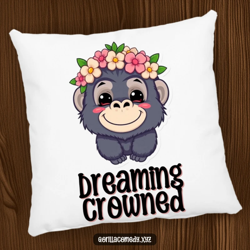 Funny kawaii gorilla pillow, mischievous grin, wearing a flower crown, soft and cozy cushion, cute home decor.