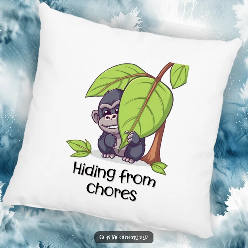 Funny gorilla pillow featuring a mischievous ape character hiding behind a leaf, peeking out with a chuckle, offering plush comfort and a humorous design.