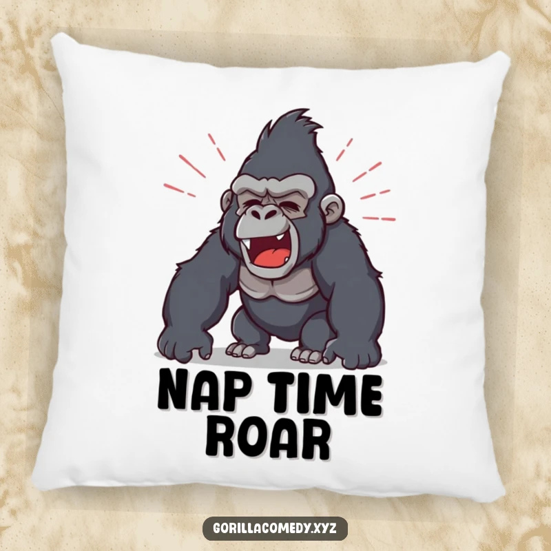 Funny, soft throw pillow depicting a gorilla roaring with vigor, surrounded by visual sound waves, exuding humorous auditory power.