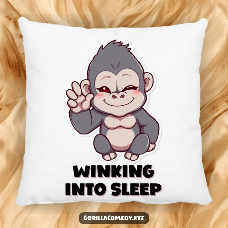 Funny gorilla pillow with a winking primate giving a cheerful hand wave, perfect for comfortable and humorous home decor.