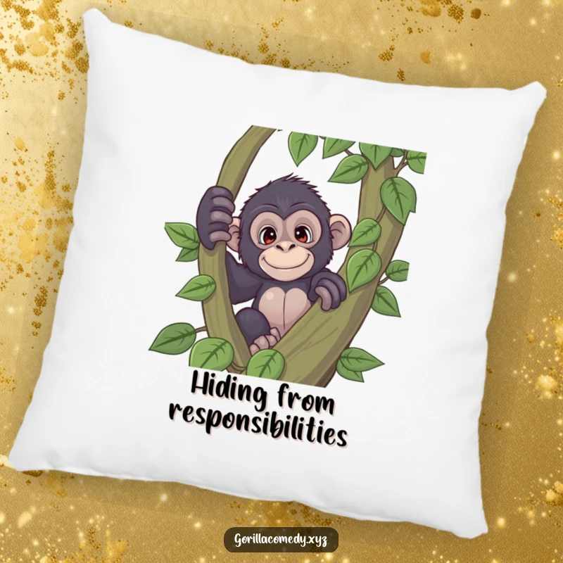 Funny playful gorilla pillow with a curious expression peeking from behind a large vine, offering comfort and a dose of playful intrigue, a great funny gift.