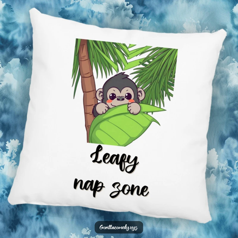 Funny Kawaii gorilla peeking from a large palm leaf, offering a soft, humorous, and cute decorative accent pillow.