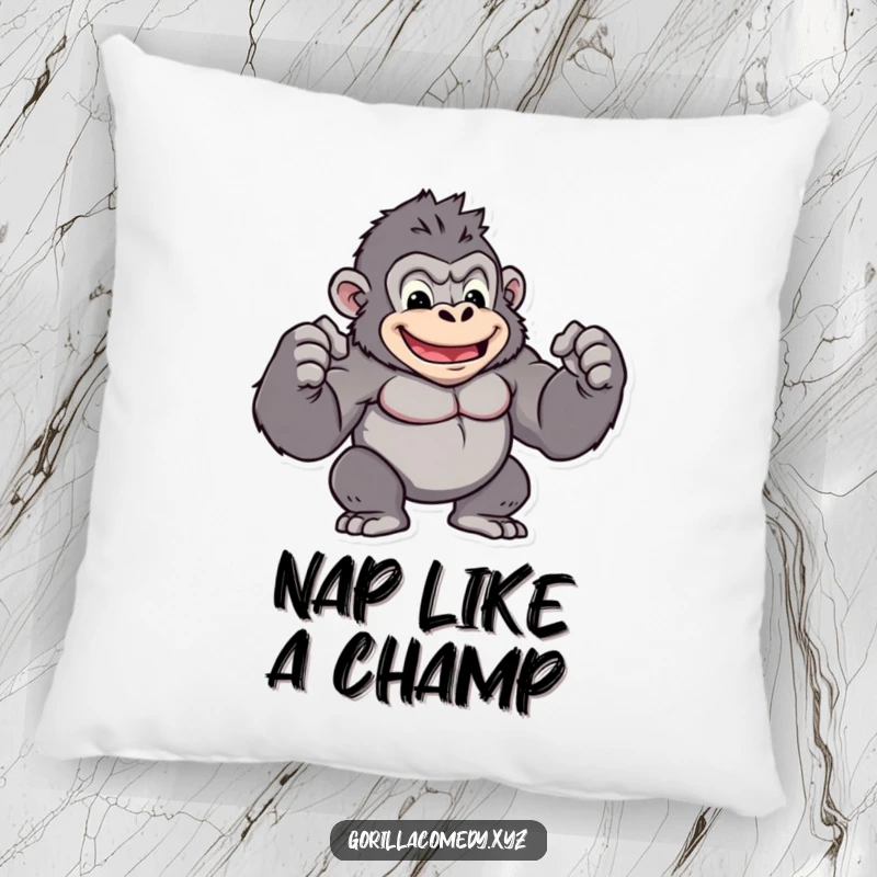 Funny kawaii gorilla pillow featuring a small, muscular character flexing its biceps with a proud grin, a soft funny gift.