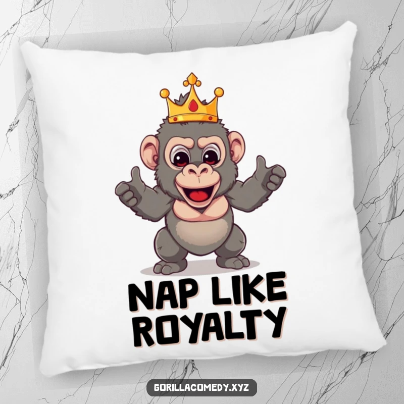 Funny Gorilla Throne pillow featuring a crowned primate in a silly, theatrical pose, providing comfort and humorous decor.