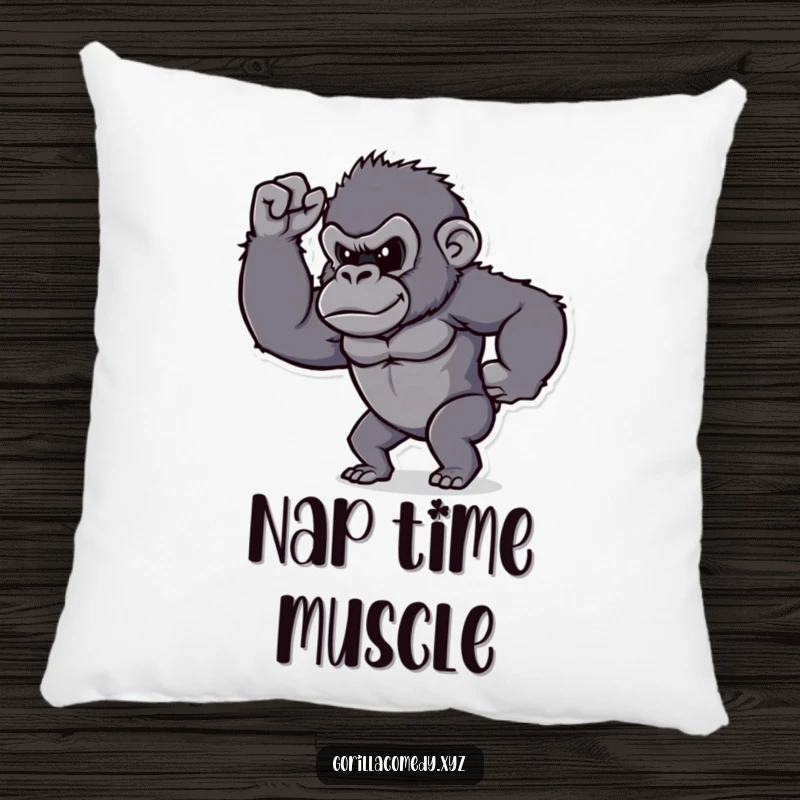 Funny gorilla pillow, determined character proudly flexing its tiny bicep, soft and decorative.