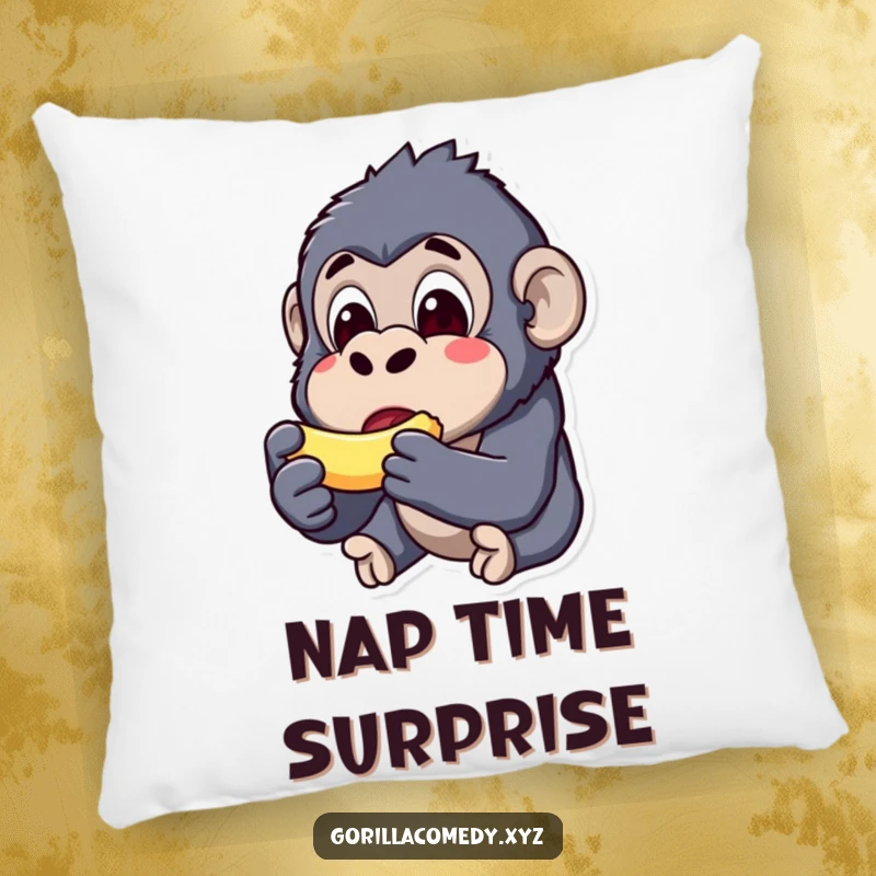 Funny kawaii gorilla pillow, surprised expression, holding a tiny banana, soft and cozy cushion, cute home decor.