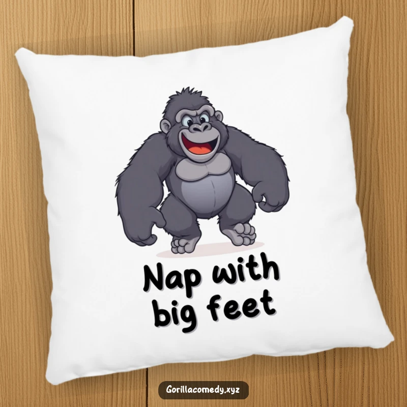 Funny pillow depicting a cheerful gorilla with giant, happy feet stomping around playfully.