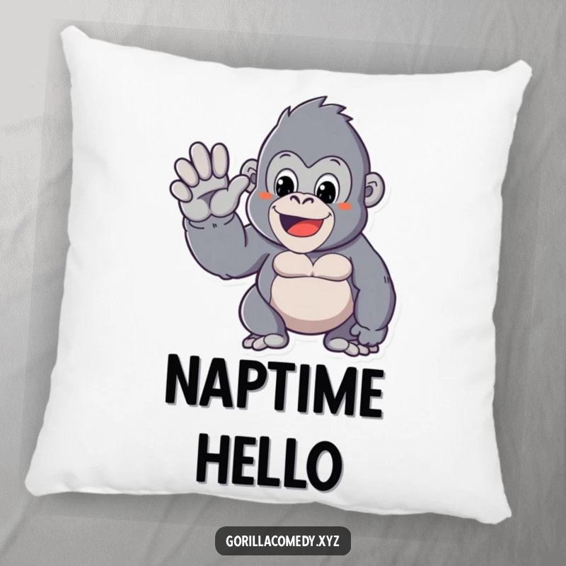 Funny pillow featuring a Kawaii gorilla character giving a friendly wave, bringing comfort and a large dose of adorable charm.
