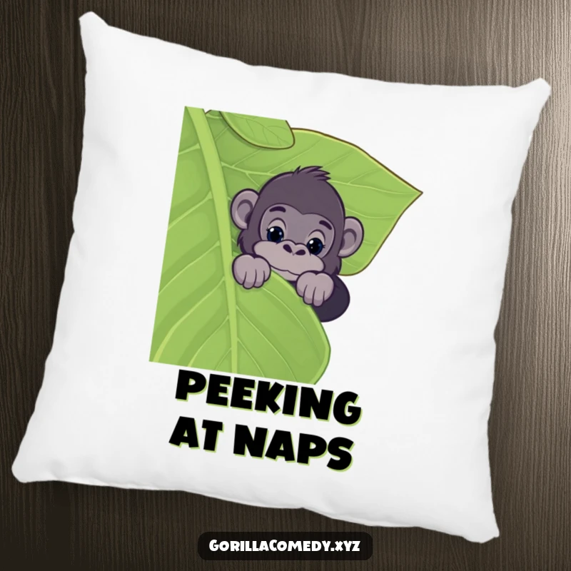 Funny accent pillow with a curious gorilla peeking over a large leaf, adding a touch of jungle whimsy and comfort.