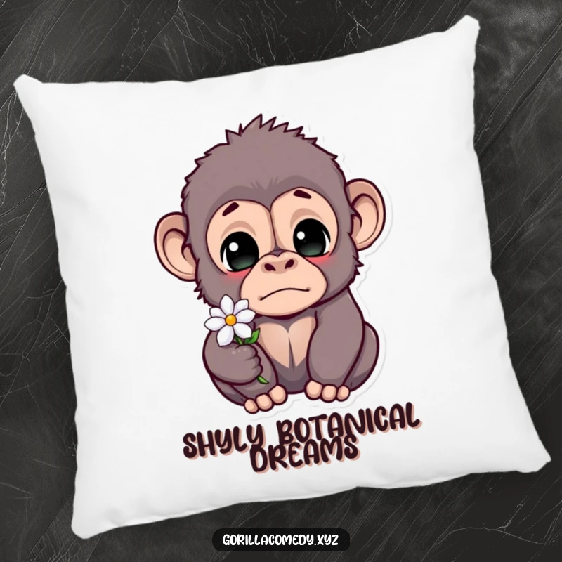 Funny gorilla pillow with a startled primate and wide eyes, clutching a tiny flower, conveying sweet and amusing surprise.