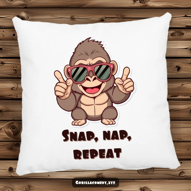 Funny gorilla pillow, happy character wearing oversized sunglasses, giving a finger snap, soft and decorative.