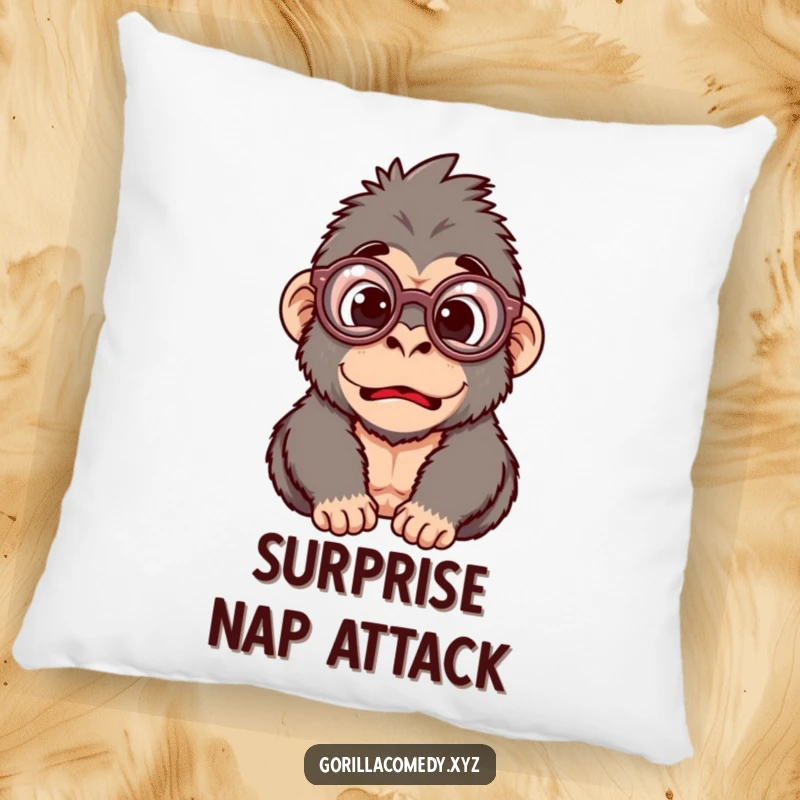 Funny pillow featuring a silly gorilla character wearing oversized round glasses, looking comically surprised and amused.