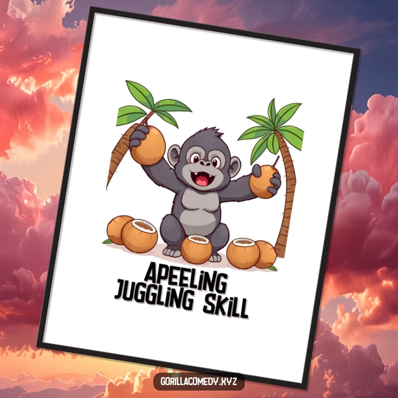 Funny Kawaii gorilla attempting to juggle coconuts, presented as a high-resolution digital art print for humorous decor.
