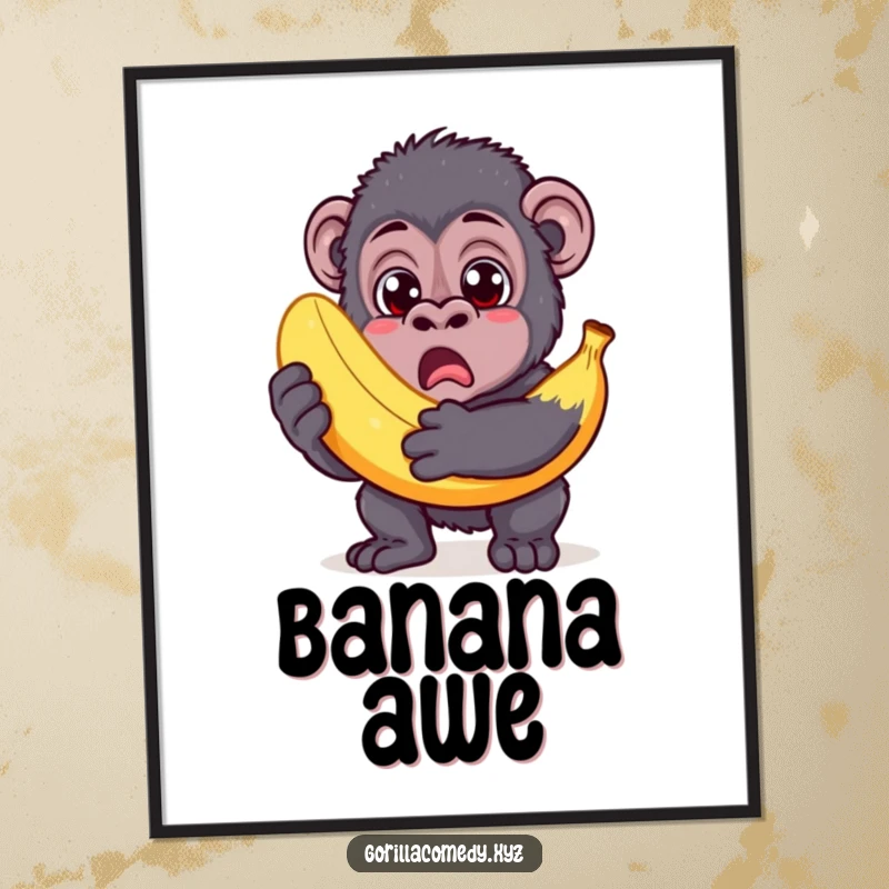 Funny Gorilla Digital Art: Surprised gorilla with wide eyes, holding an oversized banana, instant humor.