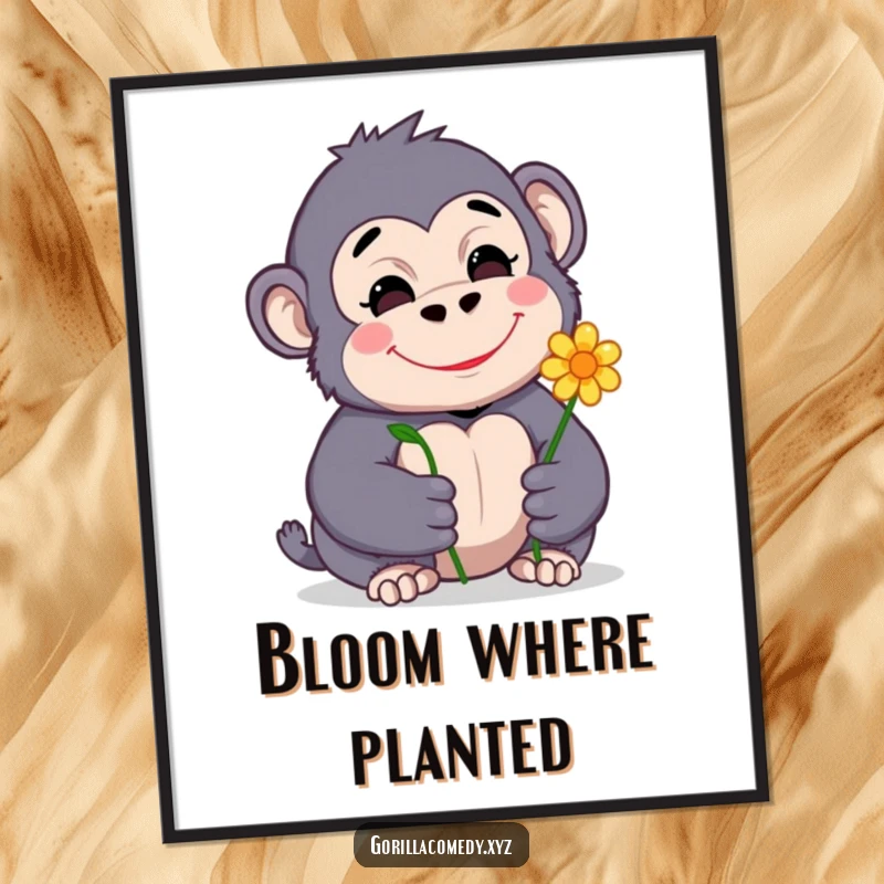 Funny digital art print of a shy gorilla character holding out a flower, smiling sweetly, perfect for instant home decor.