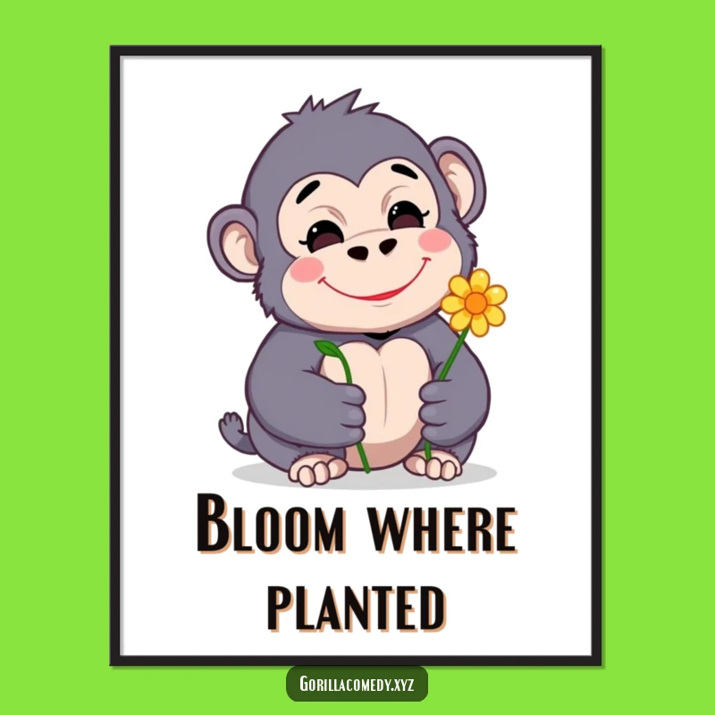 Funny Gorilla Digital Art: Shy Gorilla with Flower, Instant Gift