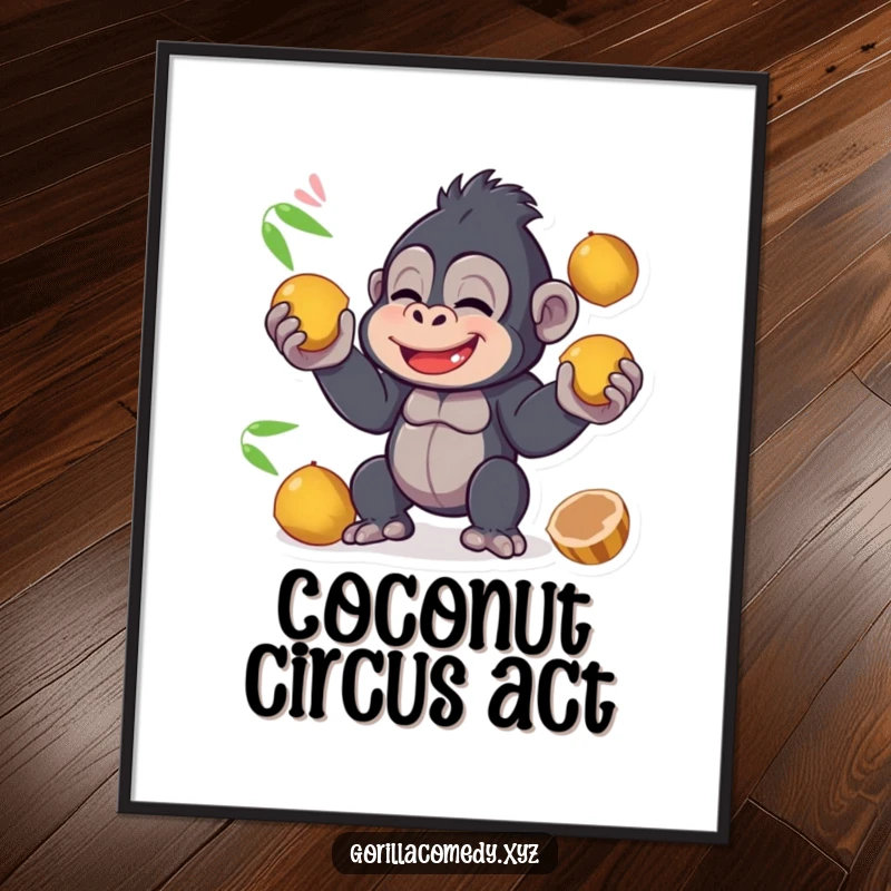 Funny kawaii gorilla giggling while juggling coconuts, presented as digital art for instant download, bringing tropical fun and amusement.