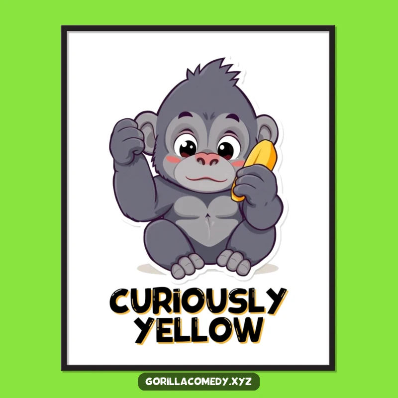 Funny Kawaii Gorilla Banana Digital Art Print - Cute Curious Ape Wall Decor Gift