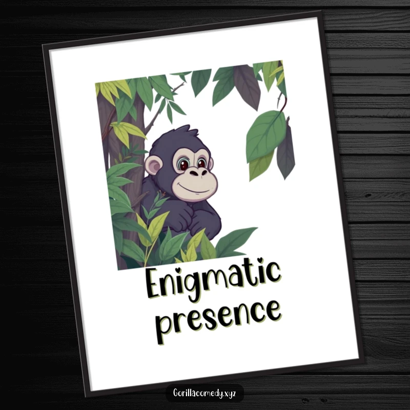 Funny Gorilla Jungle Digital Art: Printable art of a cartoon gorilla peeking from jungle foliage, radiating intrigue. Great funny gift.