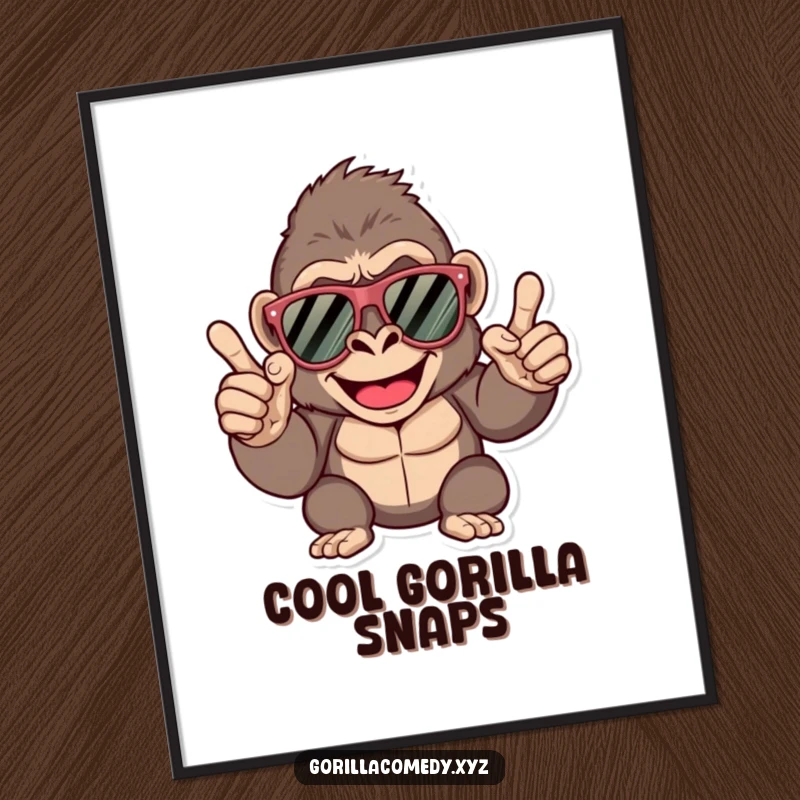 Funny gorilla digital art print, happy character with oversized sunglasses, confidently giving a finger snap, ready to print.