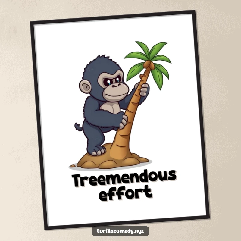 Funny digital art print of a determined gorilla attempting to climb a small coconut tree, symbolizing ambition and humor.