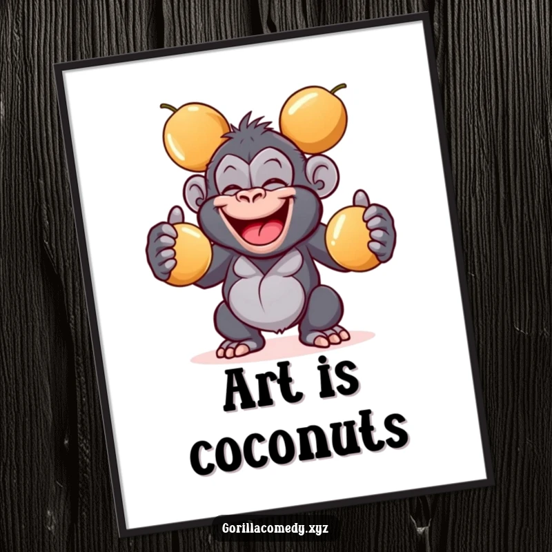Funny giggling gorilla digital art print showing a primate juggling coconuts, perfect for instant decor and a delightful funny gift.