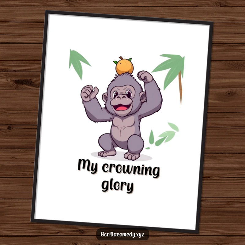 Funny gorilla digital art print with a silly ape balancing coconuts, offering instant tropical and humorous decor.