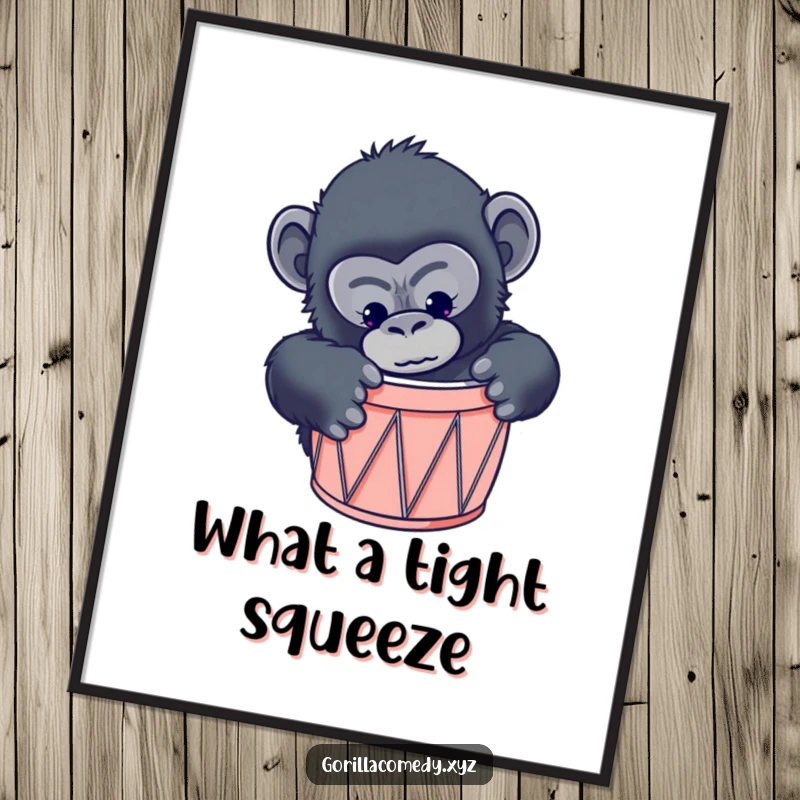 Funny gorilla drum digital art print showing a curious primate trying to fit into a drum that is far too small.