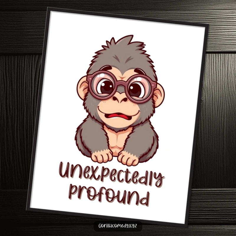 Funny digital art print of a silly gorilla character wearing oversized round glasses, depicting a comically surprised expression.