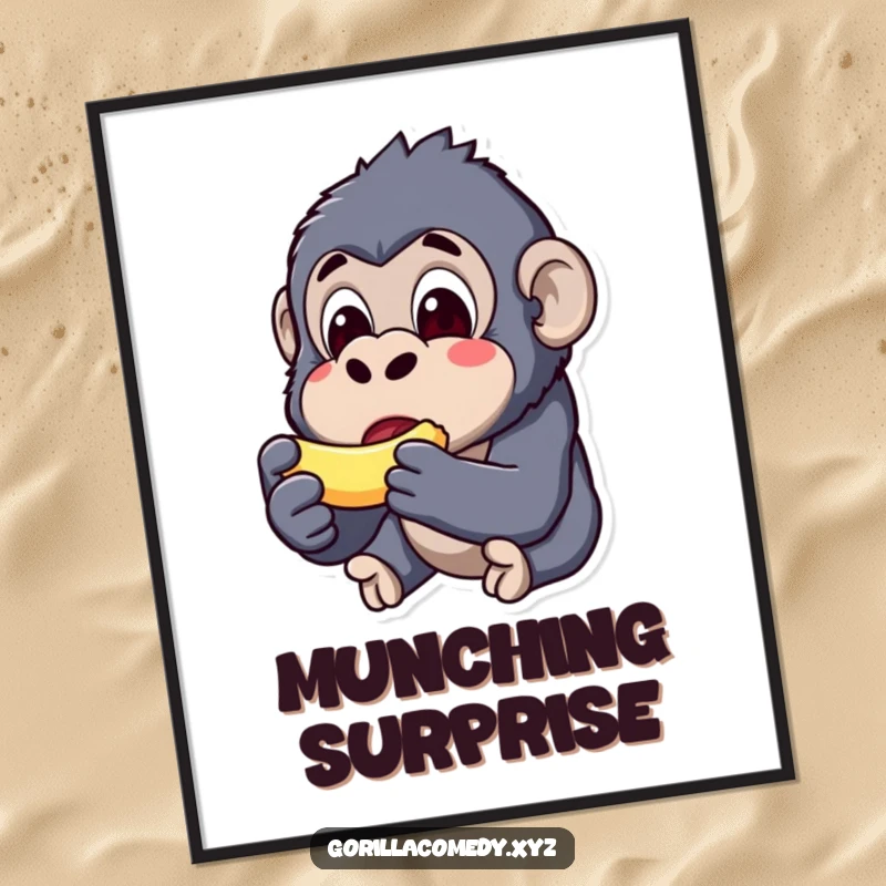 Funny kawaii gorilla digital art print, surprised expression, eating a small banana, humorous wall decor, instant download.